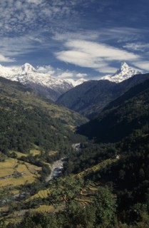 NEPAL, Annapurna Region,  Modi Khola Valley , Sanctuary Trek. Elevated view over the Modi Khola
