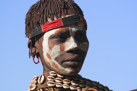 ETHIOPIA, Lower Omo Valley, Mago National Park, Banna woman with painted face.