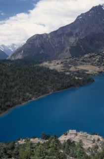 NEPAL, Lower Dolpo Trek, Phoksumdo, View south west over Pal Sentan Thasoon Chholing Monastery and