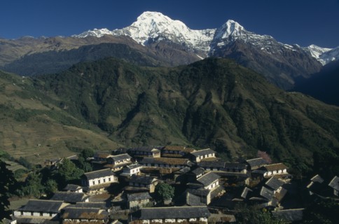 NEPAL, Annapurna Region, Ghandruk, Sanctuary Trek. Ghandruk Village with mountains Annapurna South