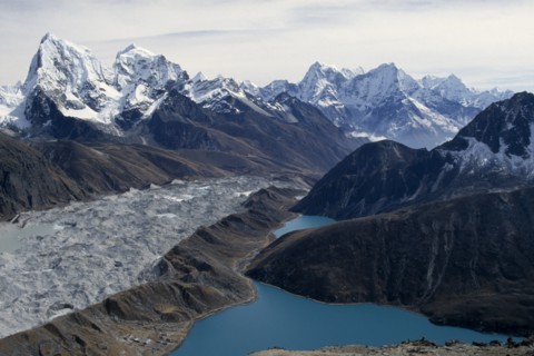 NEPAL, Everest Trek, Gokyo, "View from Gokyo Ri over Gokyo and Ngozumpa Glacier to Cholatse,