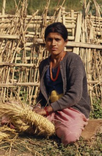 NEPAL, East, Near Chainpur, Portrait of woman with a nose piercing sat on the ground weaving in