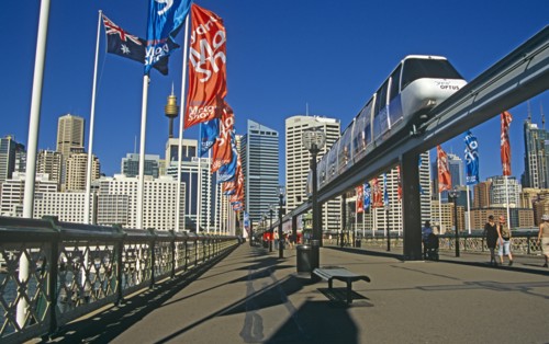AUSTRALIA, New South Wales, Sydney, "Darling Harbour, Monorail and train."
