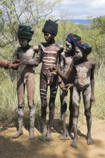 ETHIOPIA, South Omo Valley, Mursi Tribe, Young boys with body painting