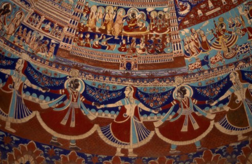 INDIA, Rajasthan, Ramgarh, Detail of the paintings on the dome of the Ram Gopal Poddar Chhatri