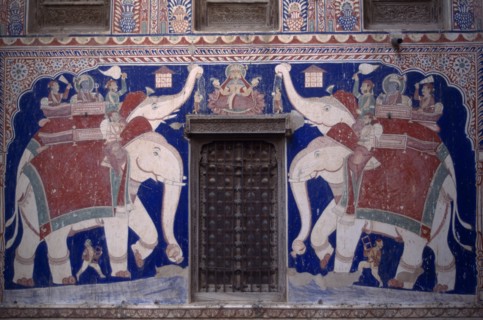 INDIA, Rajasthan, Fatehpur, Wall painting of Lakshmi with attendant elephants inside the Nand Lal