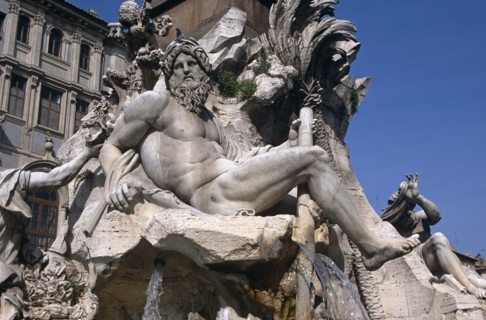 ITALY, Lazio, Rome, "Piazza Navona, Fontana dei Quattro Fiumi detail."