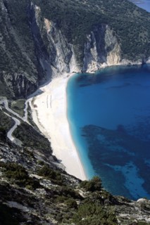GREECE, Ionian Islands, Kefalonia, "Myrtos (Mirtos) Beach, from cliff top."