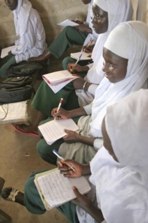 GAMBIA, Western Gambia, Tanji, "Tanji Village.  African Muslim girls wearing white headscarves