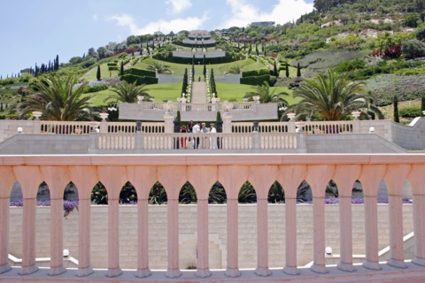 ISRAEL, Northern Coast, Haifa, Zionism Avenue.  View of Baha'i gardens built as memorial to