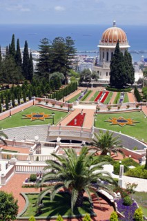 ISRAEL, Northern Coast, Haifa, Zionism Avenue.  View of Baha'i Shrine and Gardens.  Formal layout