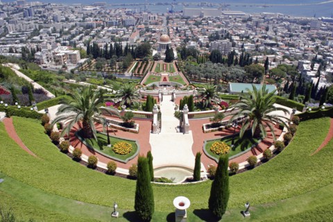ISRAEL, Northern Coast, Haifa, "Zionism Avenue.  View of Baha'i Shrine and Gardens, tiered formal