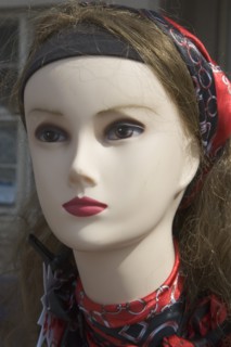 ENGLAND, West Sussex, Shoreham-by-Sea, Manekin head on dispaly during Feench market in the East