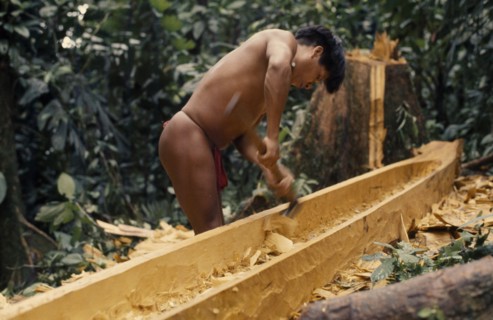 COLOMBIA, Choco, Embera Indigenous People, "Hueso, an Embera man, uses an axe/adze to hollow out