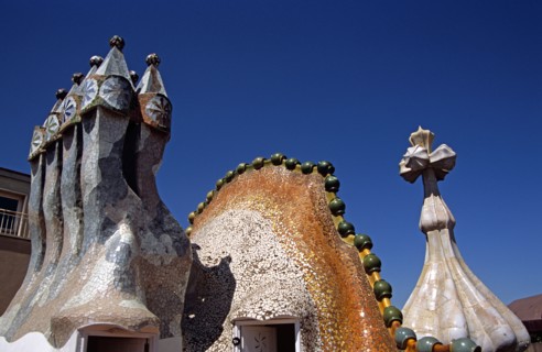 SPAIN, Catalonia, Barcelona, "Passeig de Gracia, Casa Batllo, Ornate chimneys, Dragon's back roof