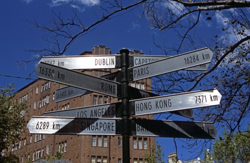AUSTRALIA, New South Wales, Sydney, "Country and city destination distance sign beside El Alamein