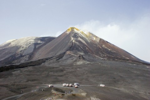 ITALY, Sicily, Mount Etna, View of active and smoking main crater of volcano and older crater with