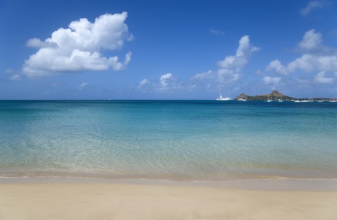 WEST INDIES, St Lucia, Gros Islet, View out to sea from Reduit Beach in Rodney Bay towards Pigeon