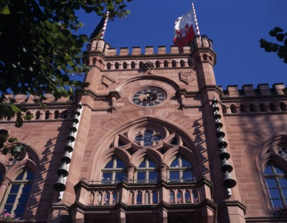 GERMANY, Baden Wurttemberg , Tauberbischofsheim, Rathaus or Town Hall exterior with carillon bells