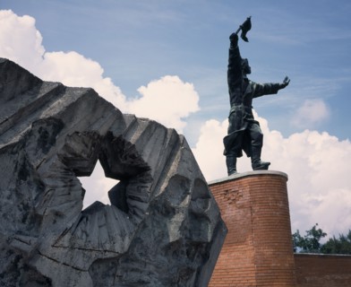 HUNGARY, Near Budapest, Statue Park. Communist statue of Captain Steinmetz and Buda Volunteers