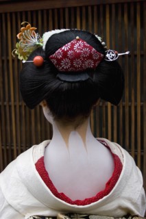 JAPAN, Honshu, Kyoto, "Gion District.  Head and shoulders of Geisha, photographed with back to