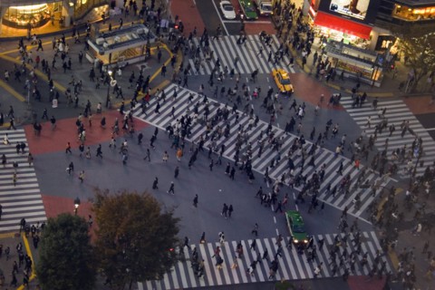 JAPAN, Honshu, Tokyo, "Shibuya District.  Meiji-dori with Dogen-Zaka junction outside Shinjuku