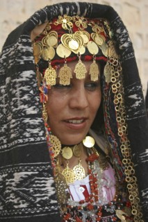 TUNISIA, Sahara, Tozeur, "Head and shoulders portrait of Tunisian bride wearing traditional dress,