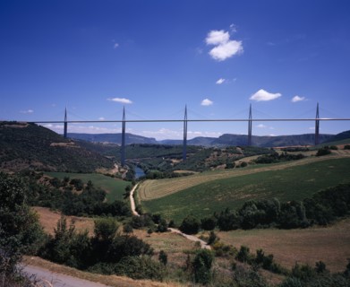 FRANCE, Midi-Pyrenees, Aveyron, Millau bridge which spans the Tarn River Valley and carries the A75