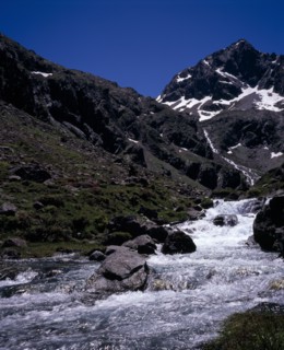 FRANCE, Midi-Pyrenees, Hautes-Pyrenees, Vallee du Lutour.  Upper valley view south towards snow