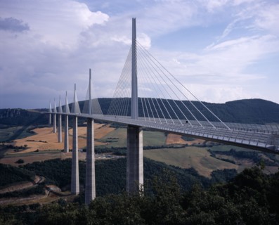 FRANCE, Midi Pyrenees, Aveyron, North end of the Millau bridge crossing the Tarn Valley carrying