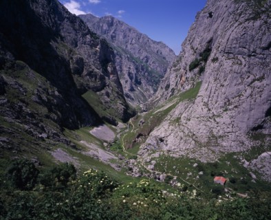 SPAIN, Asturias, Picos de Europa, "View north down Arroyo del Tejo Valley from Bulnes El Castillo