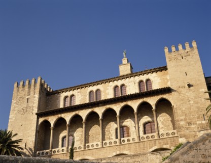 SPAIN, Balearic Islands, Mallorca, "Palma.  Palau de l’Almudaina, part view of exterior of Moorish