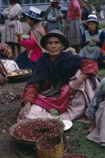 PERU, Cusco, Woman selling cherries from a basket at the Railhead. Near Cusco