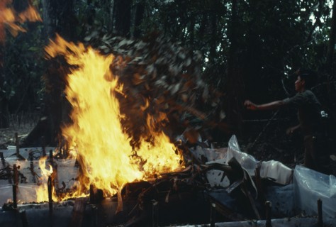 COLOMBIA, , The army burning and destroying a jungle cocaine laboratory in the war against illegal