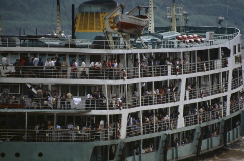 CHINA, Hubei, Transport, Ferry on the River Yangtsi with people crowded on the deck