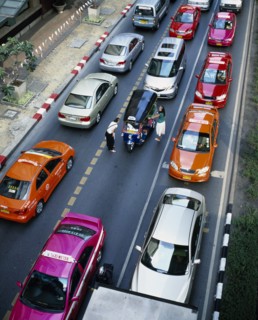 THAILAND, Bangkok, Central, "Thanon Ploenchit opposite Erawan Shrine.  View over three lanes of