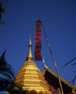 THAILAND, North, Chiang Mai, Wat Phran Tao.  Detail of pointed roof top of rare teak temple beside