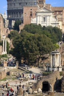 ITALY, Lazio, Rome, View of The Forum with the Colosseum rising behind the bell tower of the church