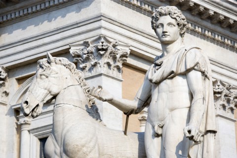 ITALY, Lazio, Rome, One of the restored classical statues of the Dioscuri Castor and Pollux at the