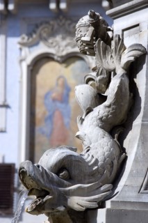 ITALY, Lazio, Rome, Detail of a dolphin on the Fountain of Piazza Della Rotonda by Giacomo Della