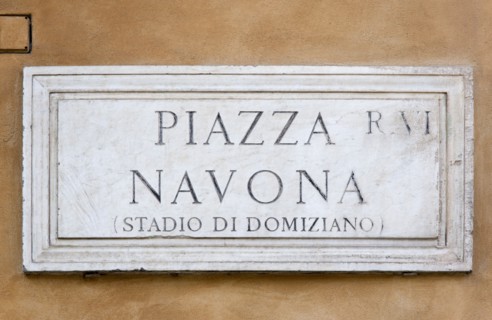 ITALY, Lazio, Rome, Wall street sign for Piazza Navona once the Stadium of Domitian