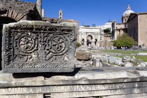 ITALY, Lazio, Rome, The Forum with tourists. Details of ruin fragments with the Arch of Septimius
