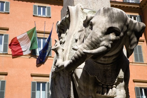 ITALY, Lazio, Rome, Bernini marble elephant in the Obelisk of Santa Maria sopra Minerva in the