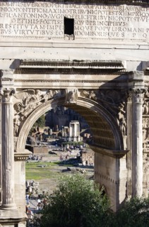 ITALY, Lazio, Rome, The floor of the Forum with tourists and the remains of the Temple of Vesta