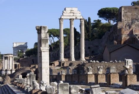 ITALY, Lazio, Rome, The floor of the Forum with the Temple of Vesta the Arch of Titus and the three