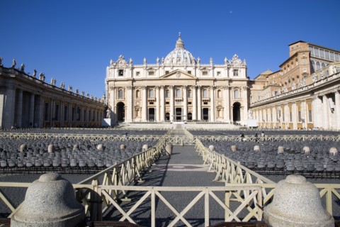 ITALY, Lazio, Rome, Vatican City The Basilica of St Peter with tourists at the entrance and empty