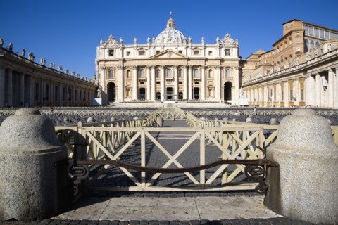 ITALY, Lazio, Rome, Vatican City The Basilica of St Peter with tourists at the entrance and empty