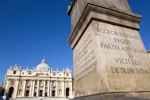 ITALY, Lazio, Rome, Vatican City The Basilica of St Peter with tourists at the entrance and a