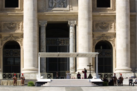 ITALY, Lazio, Rome, Vatican City Pope Benedict XVI under a canopy during an audience in Piazza San