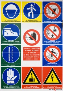 ITALY, Lazio, Rome, Safety signs on the wall of a building site